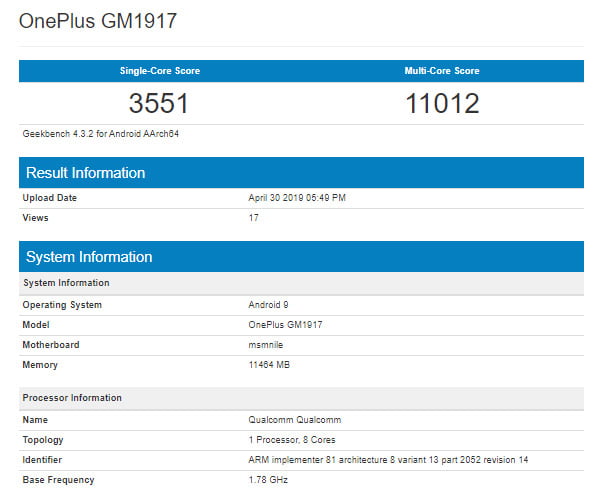 OnePlus 7 Pro Geekbench test