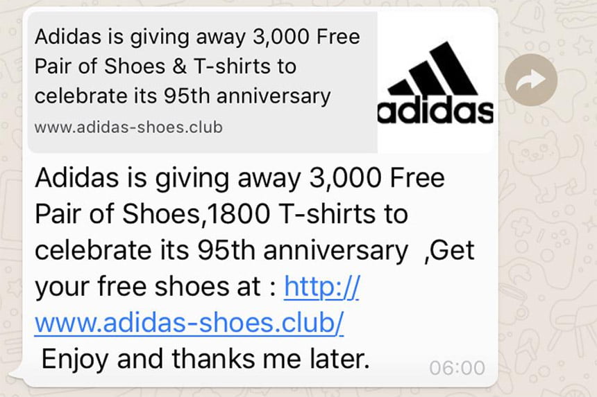 Prevarantska poruka navodno od Adidasa koja se širi WhatsApp-om