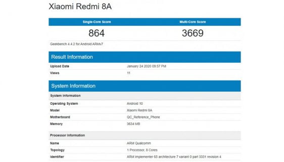 Xiaomi Redmi 8A Android 10 Geekbench