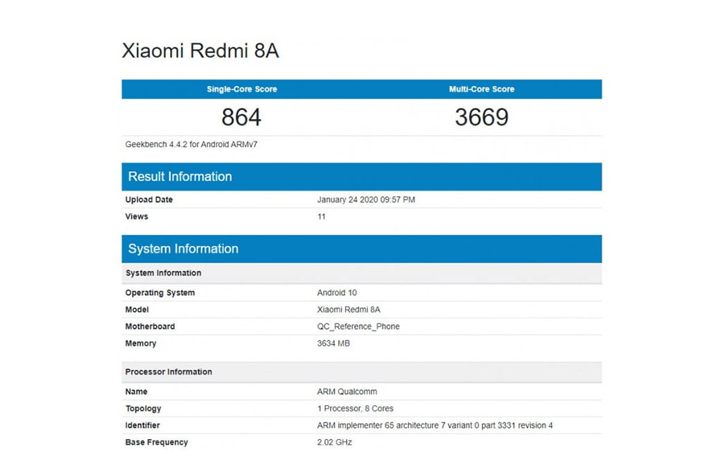 Xiaomi Redmi 8A Android 10 Geekbench