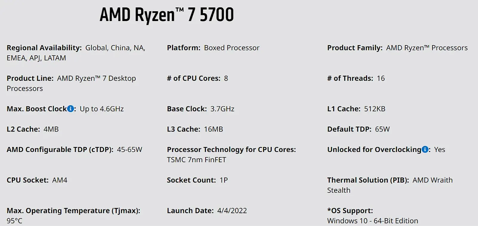 AMD Ryzen 7 5700 specifikacije