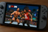 Screenshot iz WWE 2K25 na Nintendo Switch 2 konzoli koji prikazuje dva WWE superzvezde u ringu tokom borbe u režimu The Island.