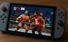 Screenshot iz WWE 2K25 na Nintendo Switch 2 konzoli koji prikazuje dva WWE superzvezde u ringu tokom borbe u režimu The Island.