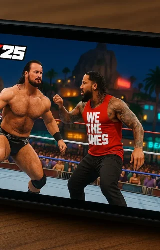 Screenshot iz WWE 2K25 na Nintendo Switch 2 konzoli koji prikazuje dva WWE superzvezde u ringu tokom borbe u režimu The Island.