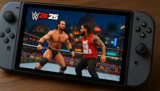 Screenshot iz WWE 2K25 na Nintendo Switch 2 konzoli koji prikazuje dva WWE superzvezde u ringu tokom borbe u režimu The Island.
