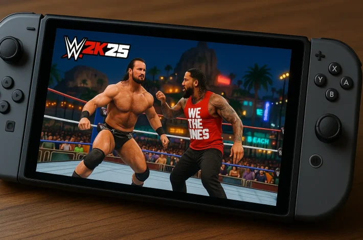 Screenshot iz WWE 2K25 na Nintendo Switch 2 konzoli koji prikazuje dva WWE superzvezde u ringu tokom borbe u režimu The Island.