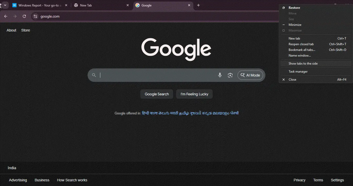 Google interfejs sa vertikalnim karticama u Chrome Canary verziji (Foto: Windows Report)