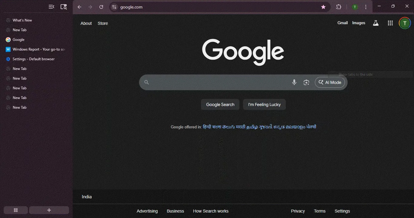 Google interfejs sa vertikalnim karticama u Chrome Canary verziji (Foto: Windows Report)