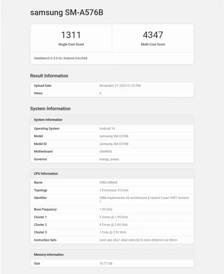 Samsung Galaxy A57 na Geekbench-u